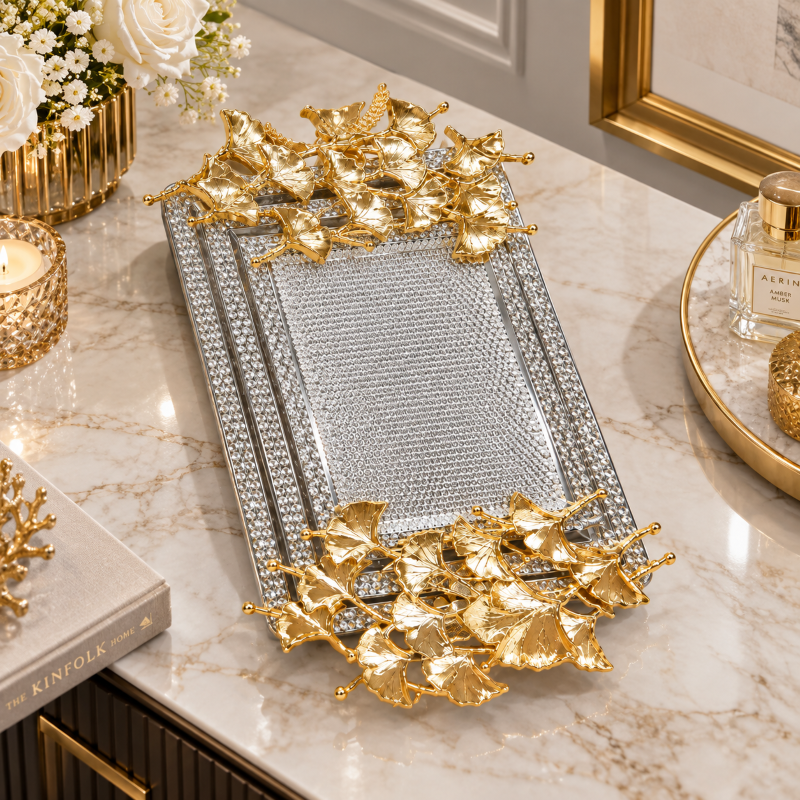 Anupam Luxury Golden Leaf Decorative Serving Tray with Crystal Border Detailing for Home, Dining, Festive Decor and Premium Gifting