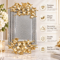 Anupam Luxury Golden Leaf Decorative Serving Tray with Crystal Border Detailing for Home, Dining, Festive Decor and Premium Gifting