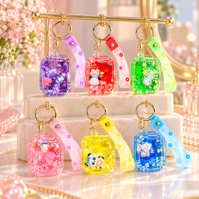 Anupam Pack of 4 Colorful Glitter Keychain Combo Set with Wrist Strap | Cute Transparent Mini Character Key Rings for Kids, Bags, Return Gifts & Gifting