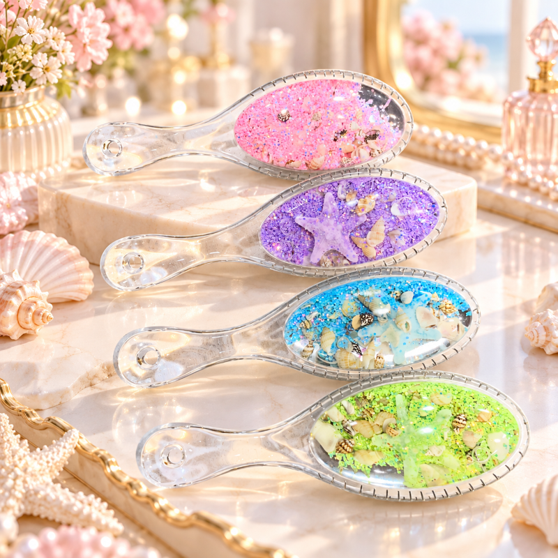 Anupam Premium Glitter Seashell Hair Brush with Transparent Handle | Decorative Mermaid Style Detangling Brush for Women & Girls