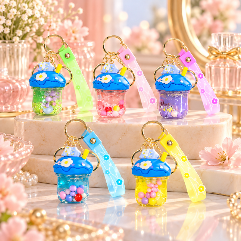 Anupam Pack of 5 Cute Cup Shape Glitter Combo Keychain Set with Wrist Strap | Colorful Transparent Mini Bead Key Rings for Kids, Bags, Return Gifts & Gifting - Multicolor (Combo Set)