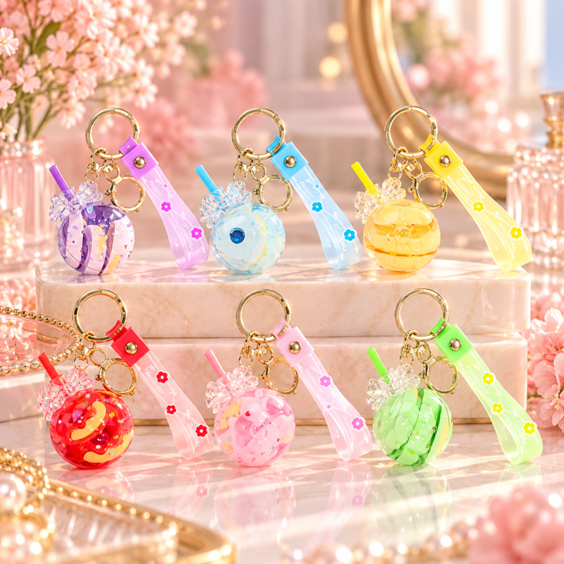 Anupam Premium Pack of 6 Round Bottle Shape Glitter Keychain Set with Wrist Strap | Colorful Transparent Cute Key Rings for Kids, Bags, Return Gifts & Gifting