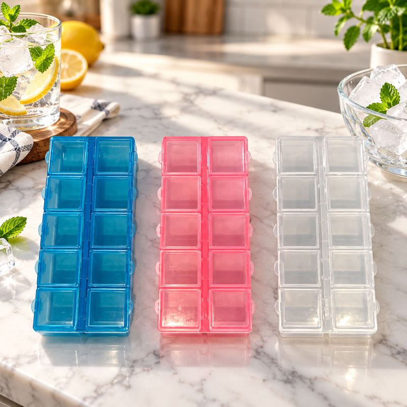 Anupam Premium Plastic Ice Cube Tray with 10 Square Compartments | Reusable Freezer Ice Mould for Water, Juice & Cold Drinks – Assorted Colors