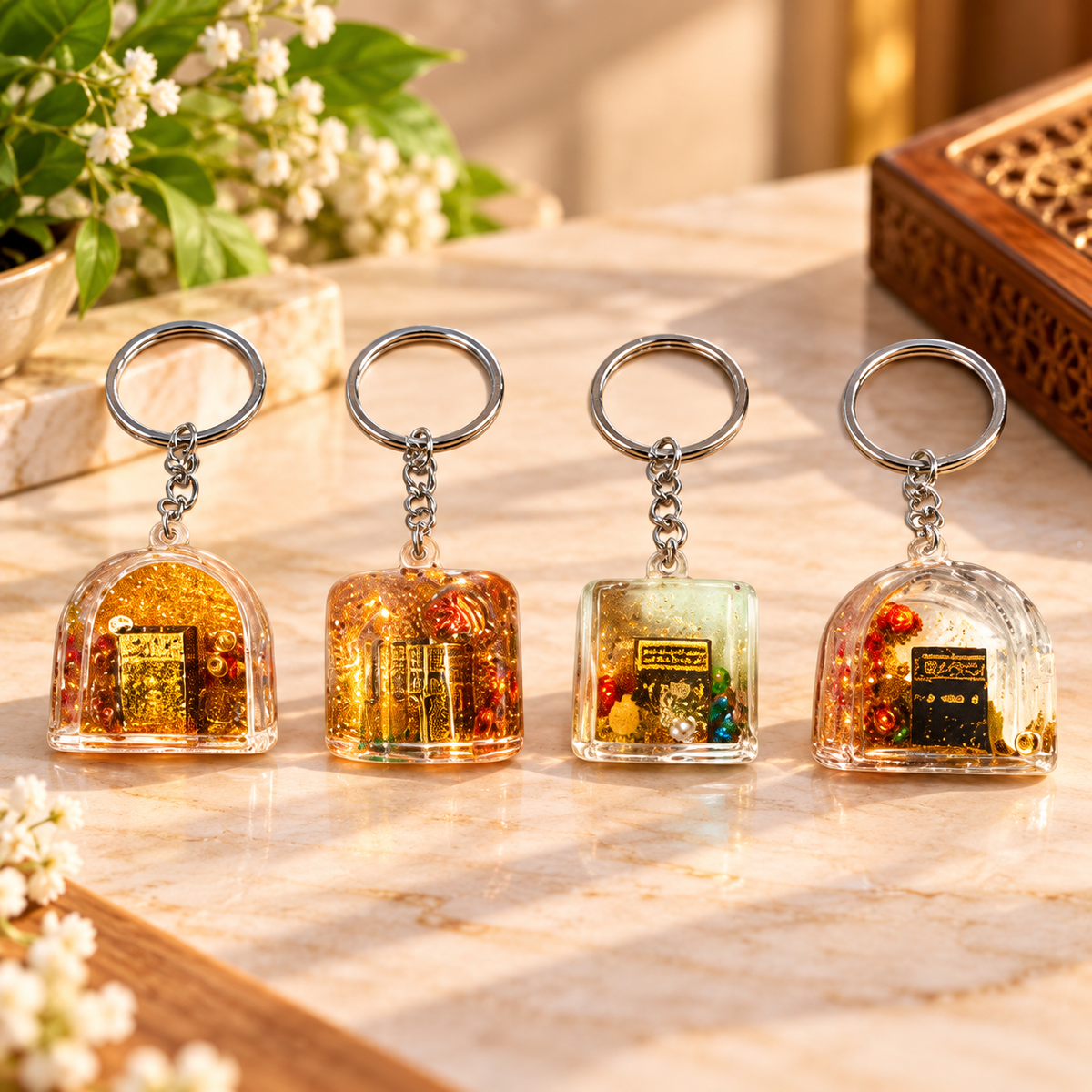 Anupam Mini Religious Glitter Combo Keychain with Metal Ring | Transparent Decorative Spiritual Key Chain for Keys, Bags, Gifting & Return Gifts