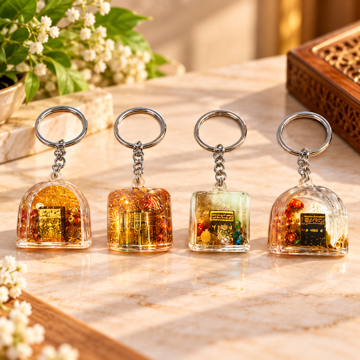 Anupam Mini Religious Glitter Combo Keychain with Metal Ring | Transparent Decorative Spiritual Key Chain for Keys, Bags, Gifting & Return Gifts