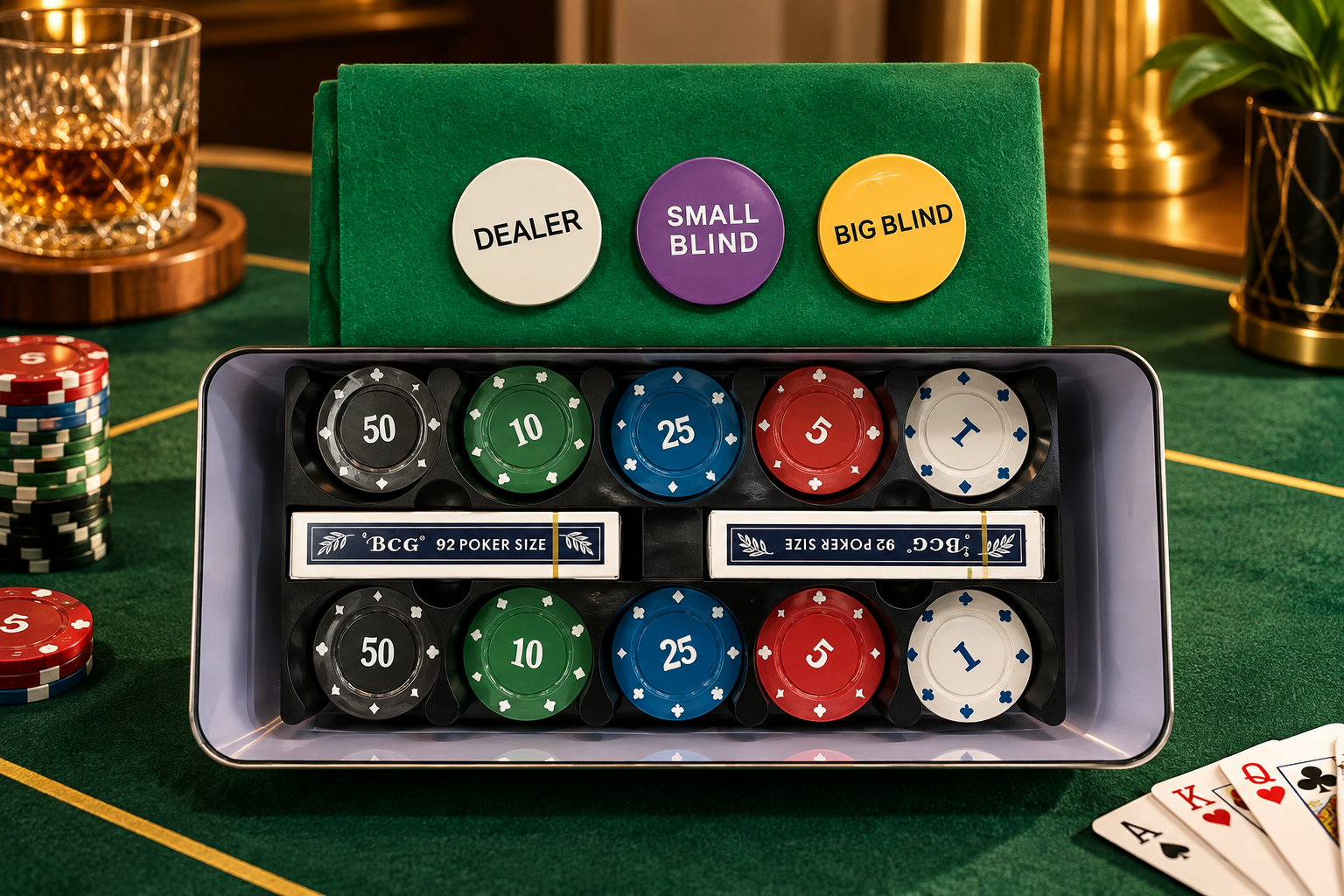 Anupam Premium Poker Chip Set with Playing Cards, Dealer & Blind Buttons | Complete Card Game Set with Multicolor Chips for Adults