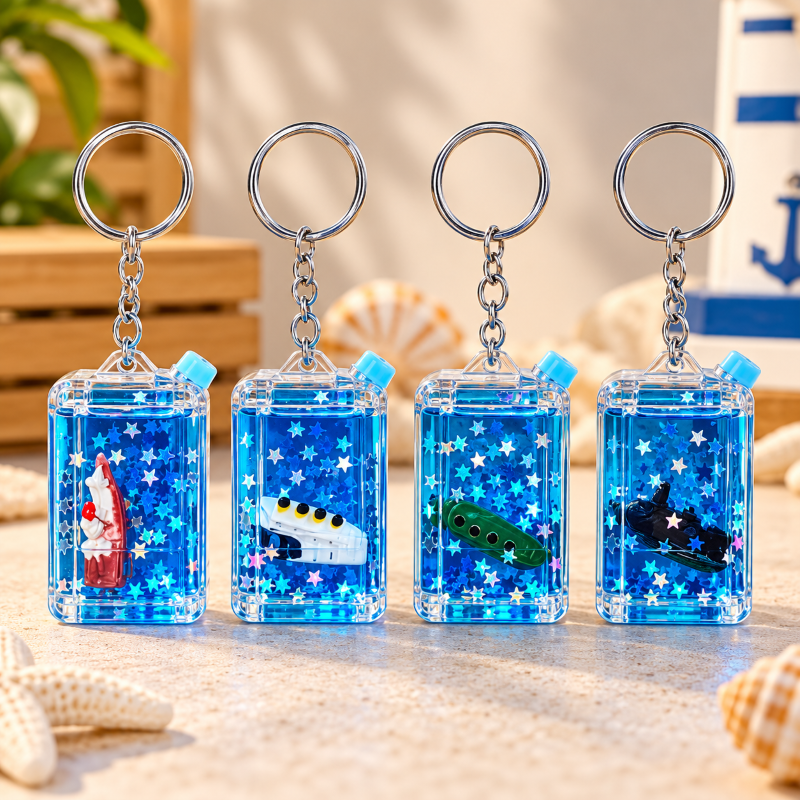 Anupam Mini Vehicle Glitter Liquid Keychain with Metal Ring | Transparent Blue Star Floating Key Chain for Bags, Keys, Gifts & Kids (COMBO 4pc)