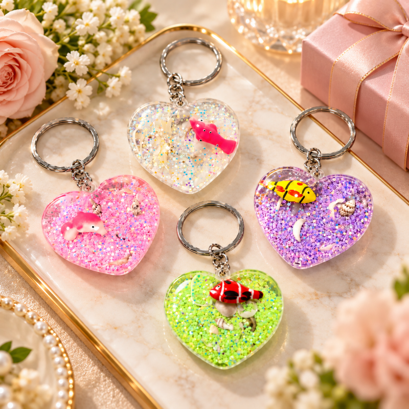 Anupam Heart Shape Glitter Combo Keychain with Mini Sea Animal Design | Colorful Transparent Key Ring for Keys, Bags, Kids, Return Gifts & Gifting