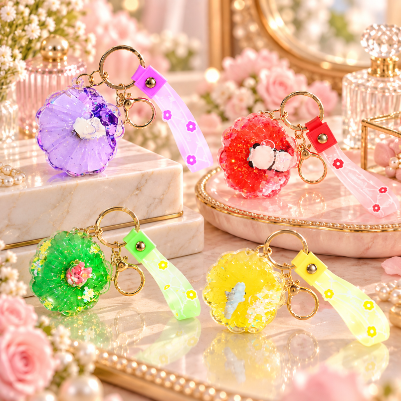 Anupam Pack of 4 Flower Shape Glitter Keychain Set with Wrist Strap | Colorful Cute Mini Character Key Rings for Kids, Bags, Return Gifts & Gifting