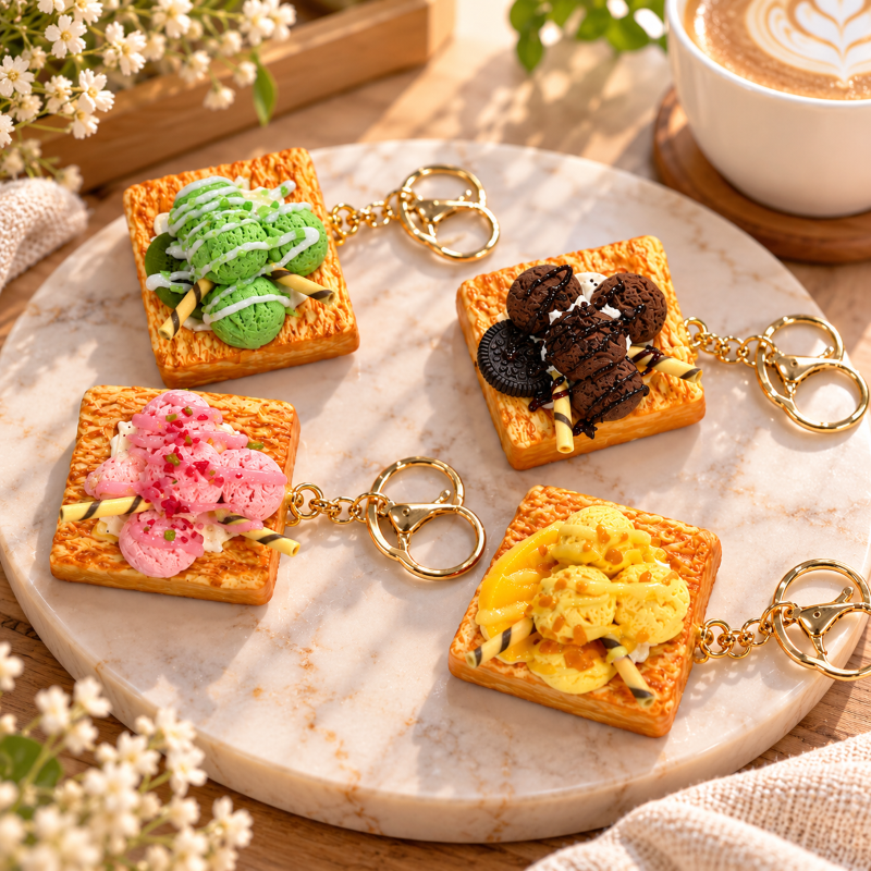 Anupam Premium Dessert Toast Combo Keychain with Ice Cream Design | Cute Food Style Bag Charm & Key Ring for Girls, Women, Kids and Gifting