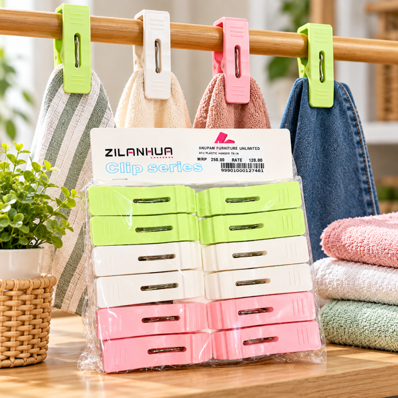 Anupam Premium Plastic Clothes Hanger Clips Pack of 12 | Strong Laundry Drying Clips with Metal Spring for Clothes, Towels & Household Use