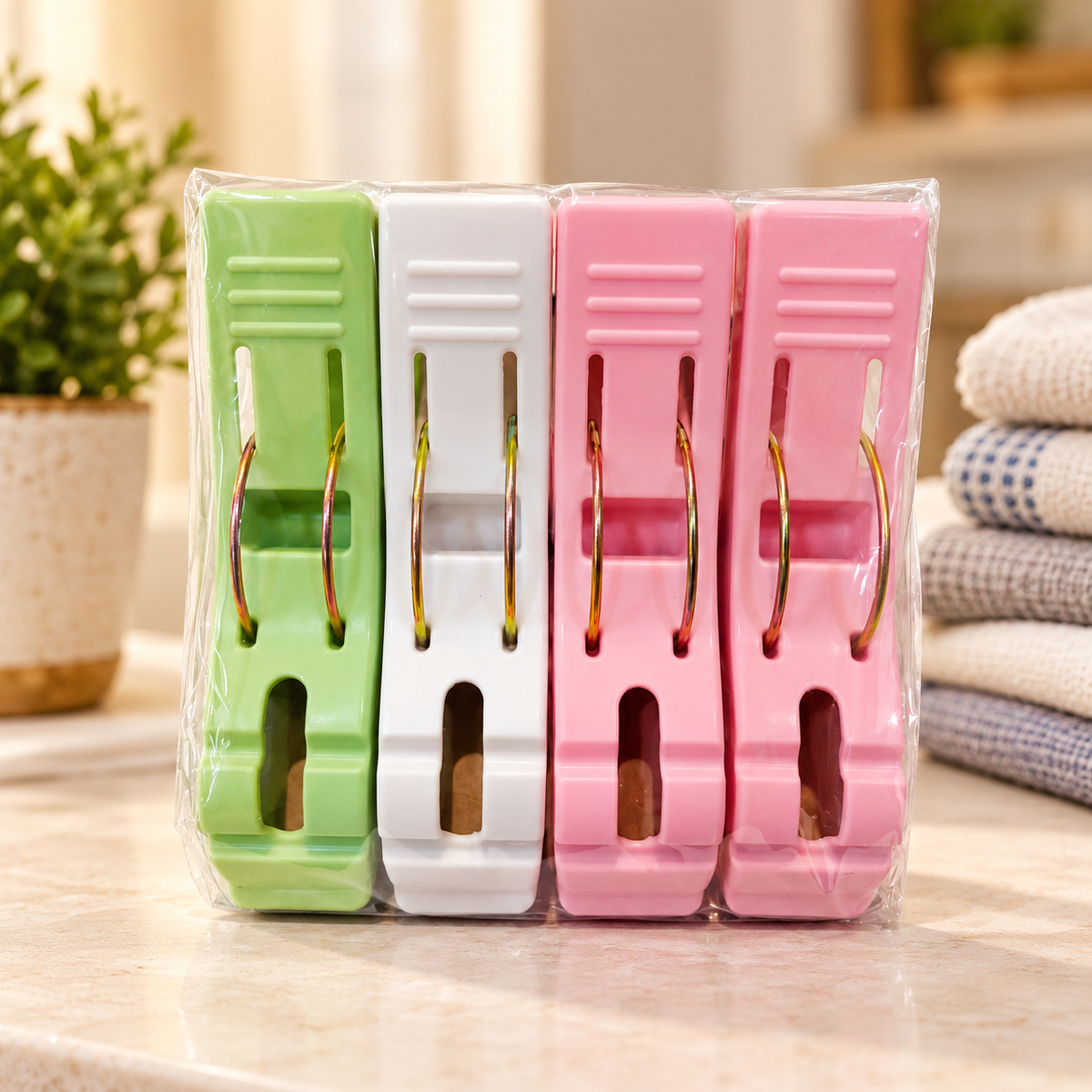 Anupam Pack of 4 Heavy Duty Multipurpose Plastic Clothes Clips with Metal Grip | Large Laundry Clips for Drying Clothes, Towels & Household Use