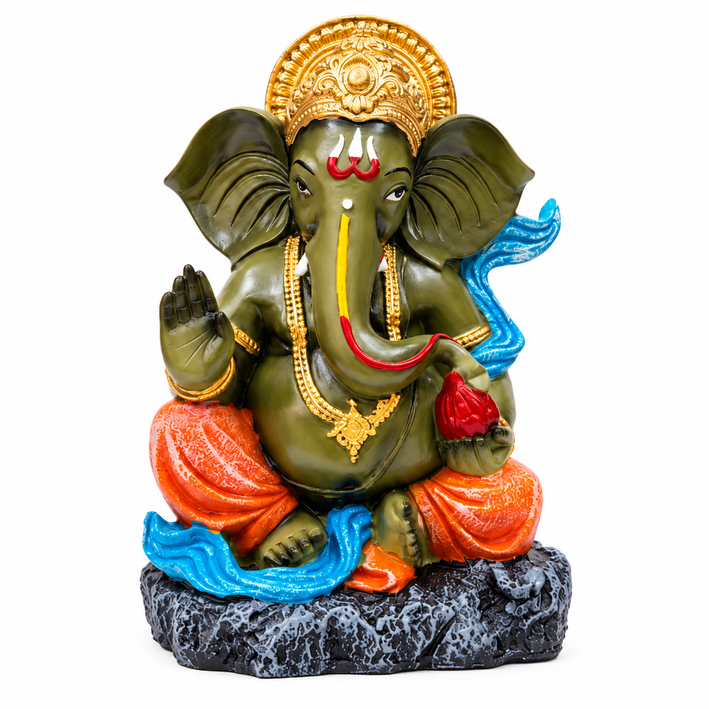 Anupam Premium Lord Ganesha Decorative Idol | Green, Gold & Orange Finish Ganpati Showpiece for Home & Office