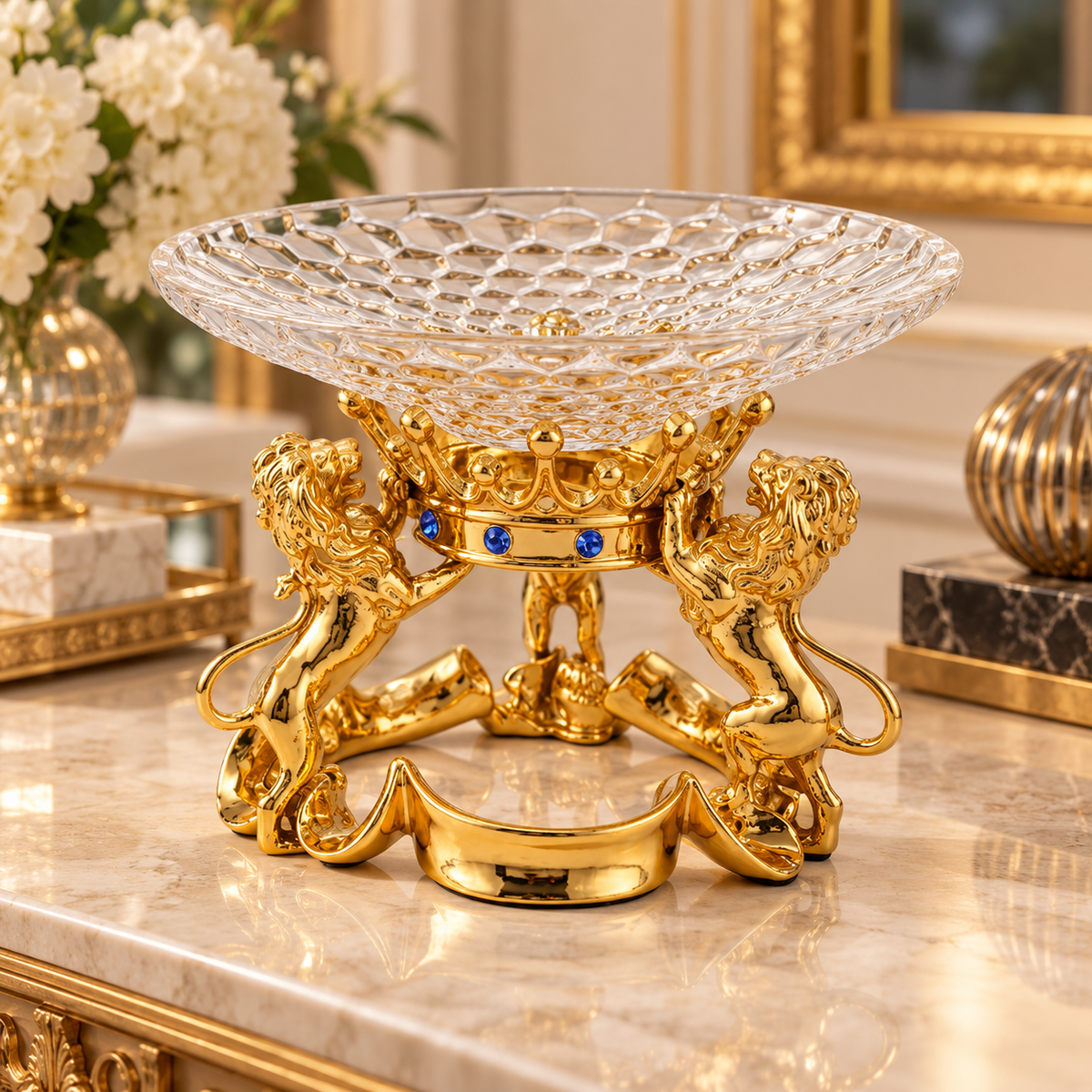 Anupam Premium Royal Lion Glass Decorative Bowl with Gold Finish Stand | Premium Tabletop Centerpiece for Home Decor