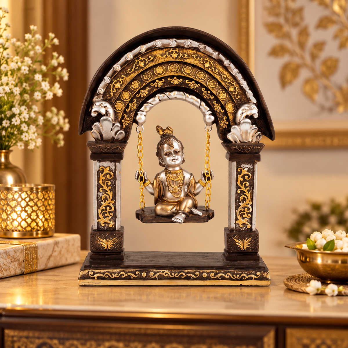 Anupam Premium Lord Krishna Jhula Decorative Showpiece | Antique Gold & Silver Finish Home Decor Idol