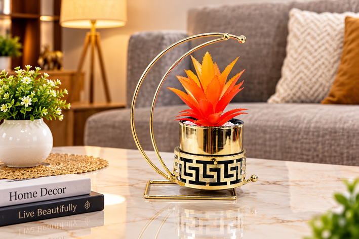 Premium Artificial Metal Flower Pot with Stand Home Decor, Decorative Home Item / Tabletop Statue / Luxury Flower Showpiece for Living Room, Office & Gifting