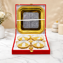 Premium Gold & Silver Designer Serving Bowl Set with Trays & Diya | Luxury Gift Hamper