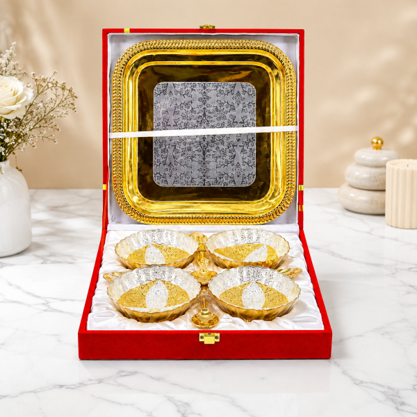 Premium Gold & Silver Designer Serving Bowl Set with Trays & Diya | Luxury Gift Hamper
