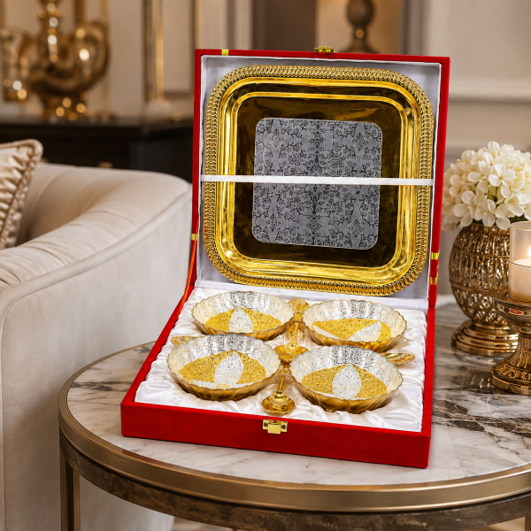 Premium Gold & Silver Designer Serving Bowl Set with Trays & Diya | Luxury Gift Hamper