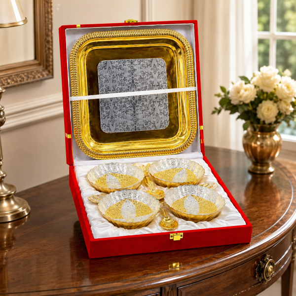 Premium Gold & Silver Designer Serving Bowl Set with Trays & Diya | Luxury Gift Hamper