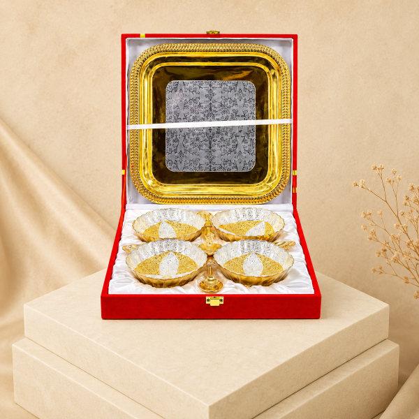 Premium Gold & Silver Designer Serving Bowl Set with Trays & Diya | Luxury Gift Hamper
