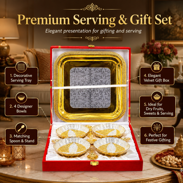 Premium Gold & Silver Designer Serving Bowl Set with Trays & Diya | Luxury Gift Hamper