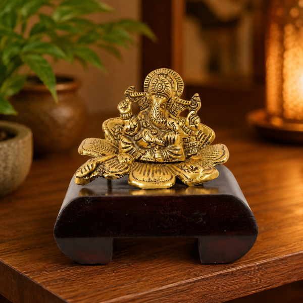 Premium Golden Lord Ganesha Idol on Lotus | Decorative Ganpati Murti for Home, Mandir & Gifting