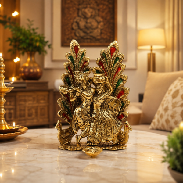Premium Radha Krishna Decorative Idol with Peacock & Floral Design | Gold Finish Spiritual Home Decor