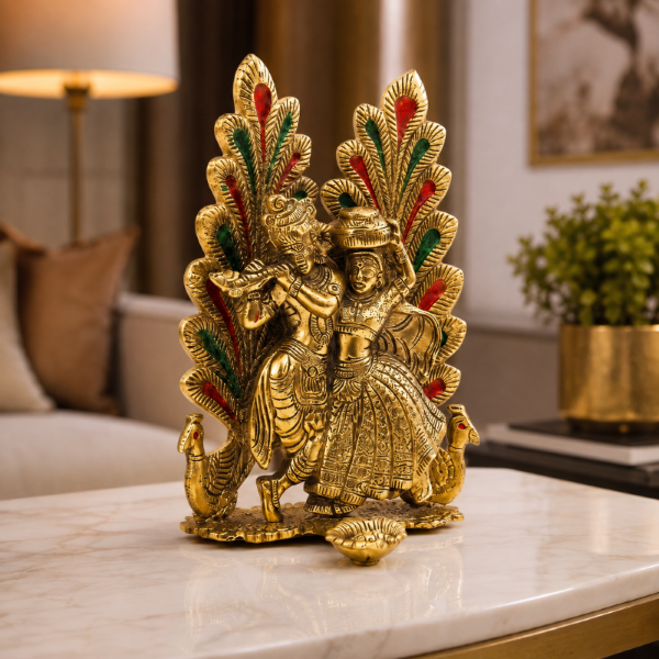 Premium Radha Krishna Decorative Idol with Peacock & Floral Design | Gold Finish Spiritual Home Decor