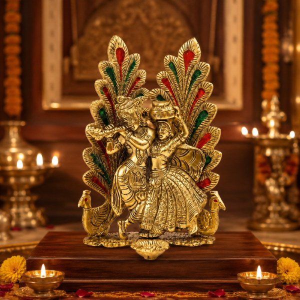 Premium Radha Krishna Decorative Idol with Peacock & Floral Design | Gold Finish Spiritual Home Decor