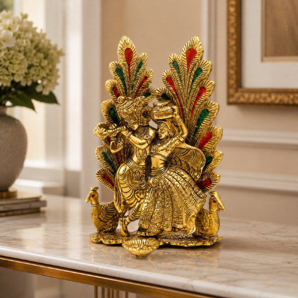 Premium Radha Krishna Decorative Idol with Peacock & Floral Design | Gold Finish Spiritual Home Decor