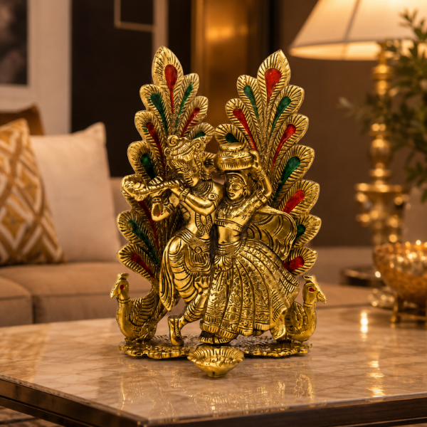 Premium Radha Krishna Decorative Idol with Peacock & Floral Design | Gold Finish Spiritual Home Decor