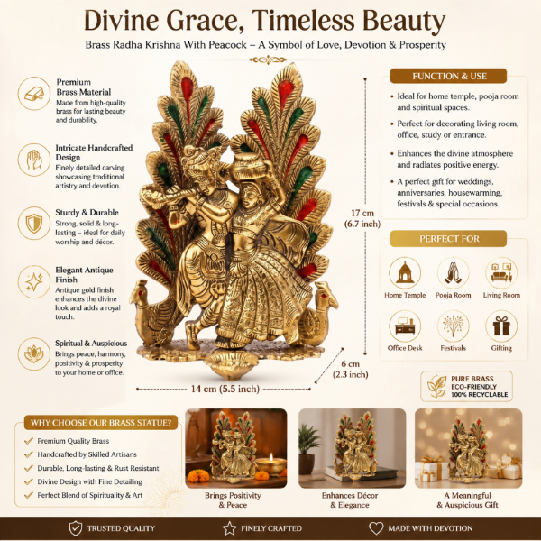 Premium Radha Krishna Decorative Idol with Peacock & Floral Design | Gold Finish Spiritual Home Decor