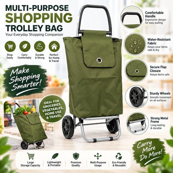 Anupam Premium Olive Green Foldable Shopping Trolley Bag - Heavy Duty Grocery Cart with Wheels