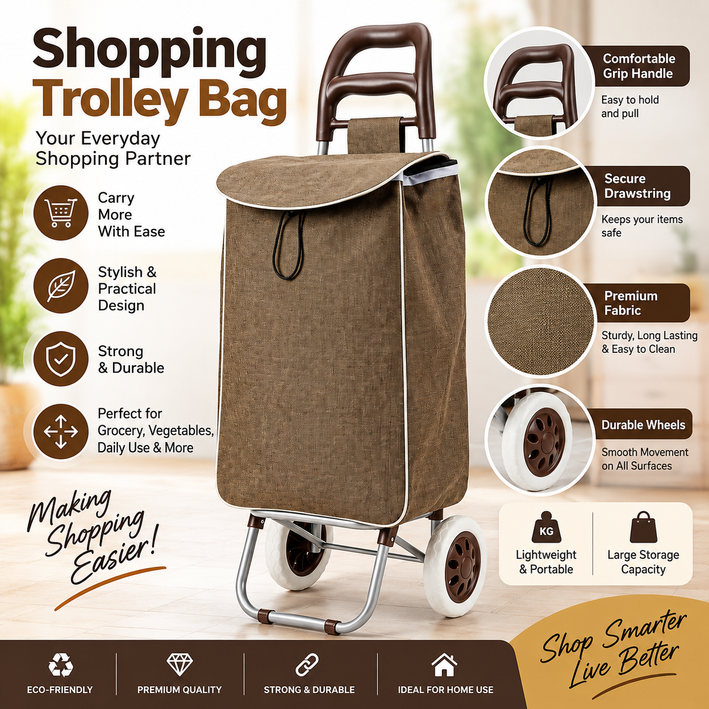 Premium Foldable Shopping Trolley Bag with Wheels - Heavy Duty Reusable Grocery Cart