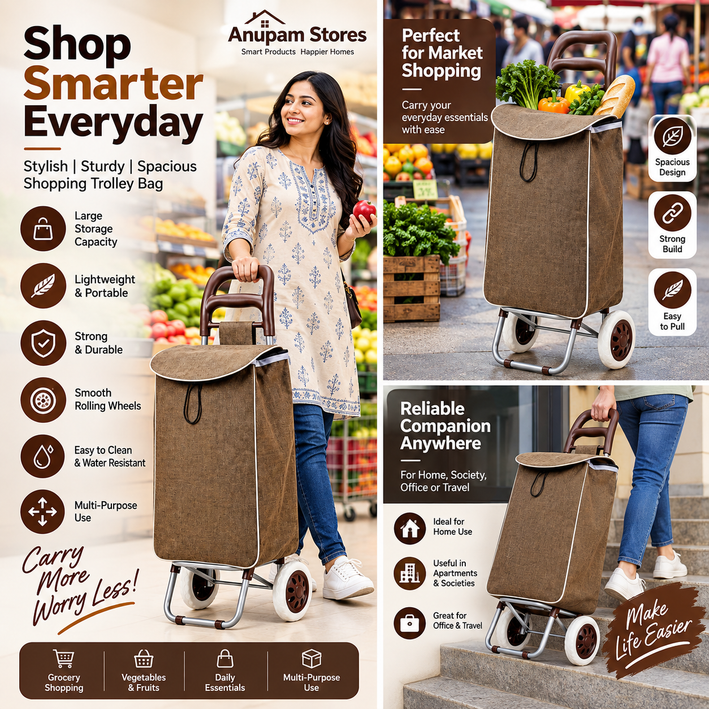 Premium Foldable Shopping Trolley Bag with Wheels - Heavy Duty Reusable Grocery Cart