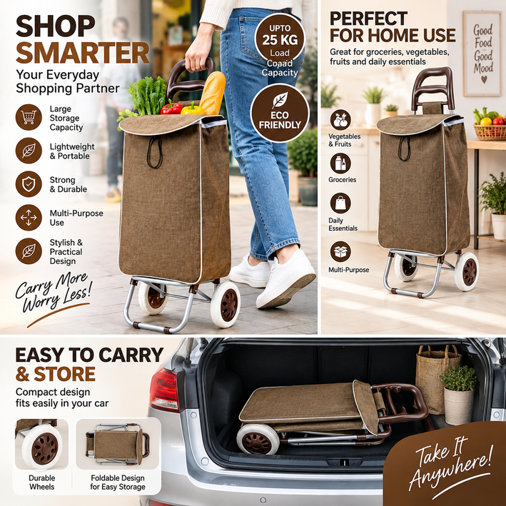 Premium Foldable Shopping Trolley Bag with Wheels - Heavy Duty Reusable Grocery Cart