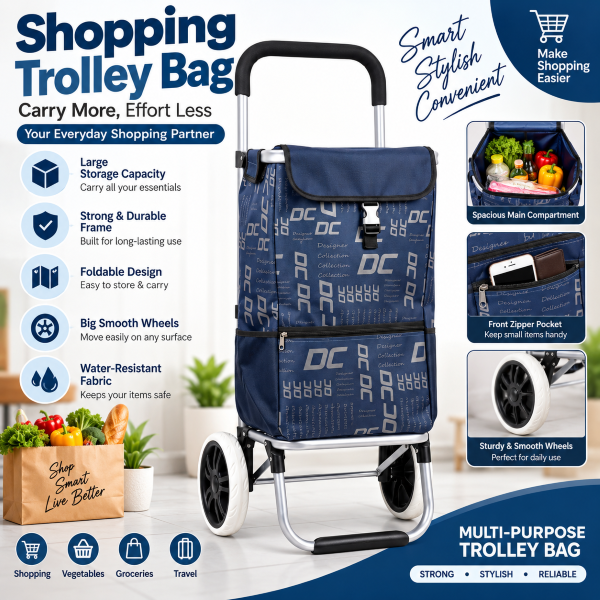 Anupam Premium Navy Blue Foldable Shopping Trolley Bag - Heavy Duty Grocery Cart with Wheels