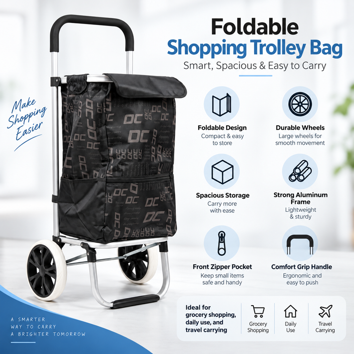 Premium Modern Printed Folding Shopping Trolley Bag with Wheels - Heavy-Duty Grocery Cart