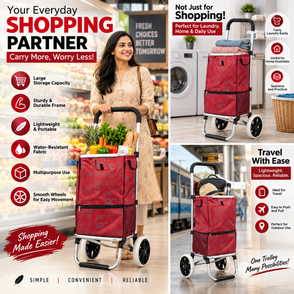 Anupam Premium Modern Printed Red Folding Shopping Trolley Bag with Wheels - Heavy-Duty Grocery Cart