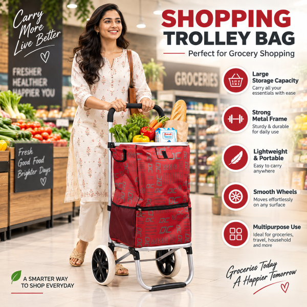 Anupam Premium Modern Printed Red Folding Shopping Trolley Bag with Wheels - Heavy-Duty Grocery Cart