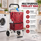 Anupam Premium Modern Printed Red Folding Shopping Trolley Bag with Wheels - Heavy-Duty Grocery Cart