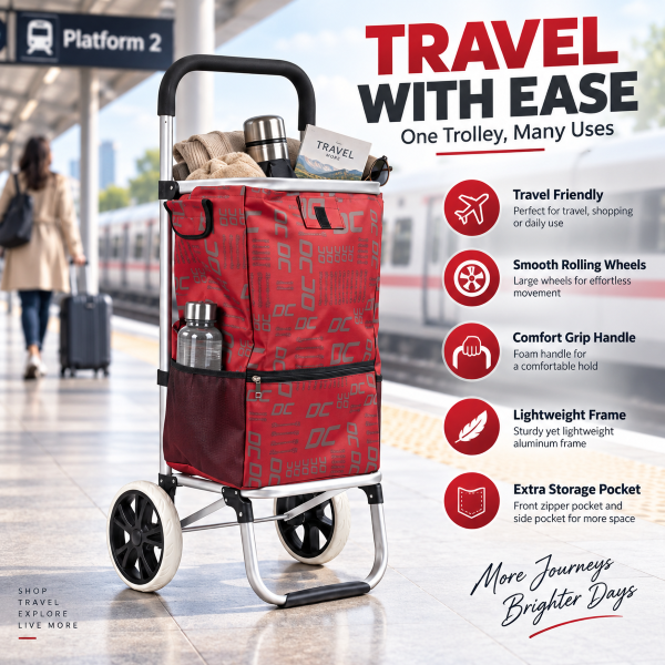 Anupam Premium Modern Printed Red Folding Shopping Trolley Bag with Wheels - Heavy-Duty Grocery Cart