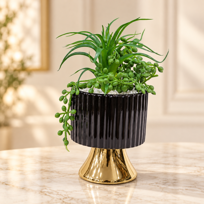 Anupam Premium Artificial Flower Metal Pot with Stand Home Decor, Decorative Home Item / Tabletop Statue / Luxury Flower Showpiece for Living Room, Office & Gifting