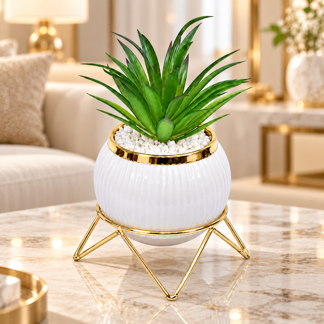 Premium Artificial Attractive Flower Pot with Metal Stand Home Decor, Decorative Home Item / Tabletop Statue / Luxury Flower Showpiece for Living Room, Office & Gifting