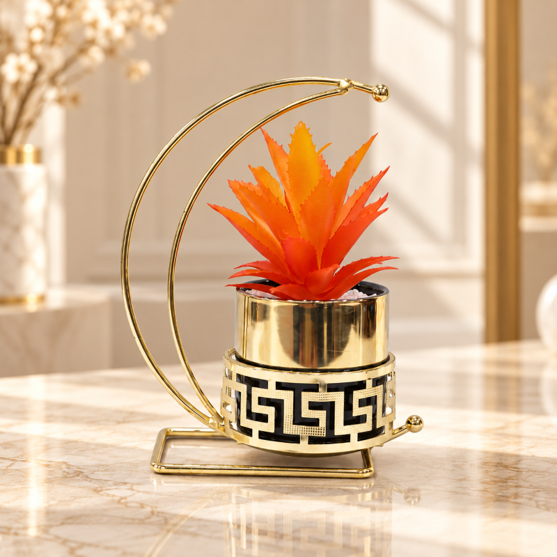 Anupam Premium Artificial Metal Flower Pot with Stand Home Decor, Decorative Home Item / Tabletop Statue / Luxury Flower Showpiece for Living Room, Office & Gifting