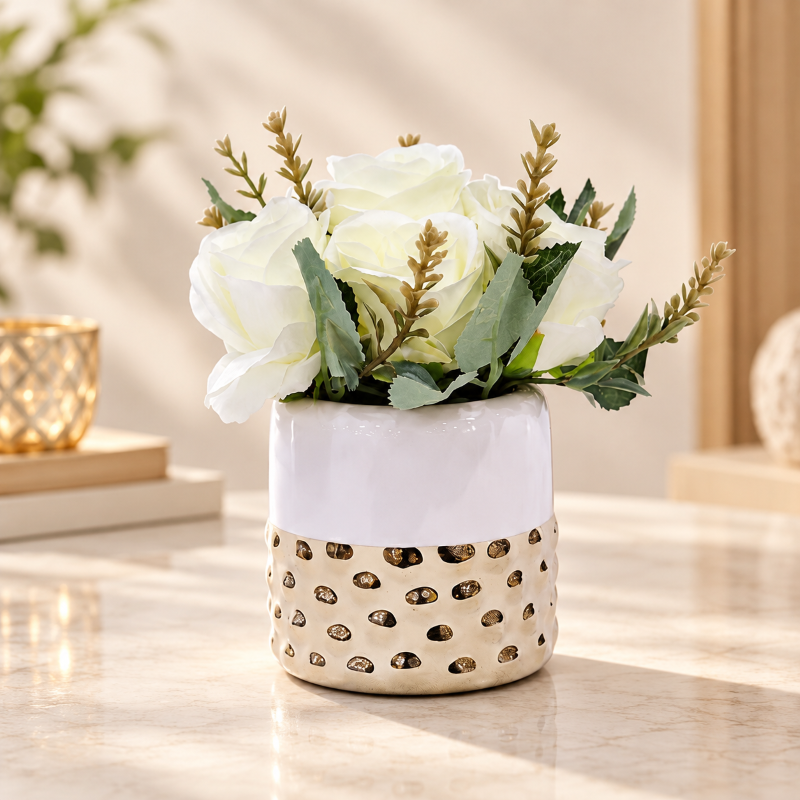 Premium Artificial Eye-Catching Flower Pot Home Decor, Decorative Home Item / Tabletop Statue / Luxury Flower Showpiece for Living Room, Office & Gifting