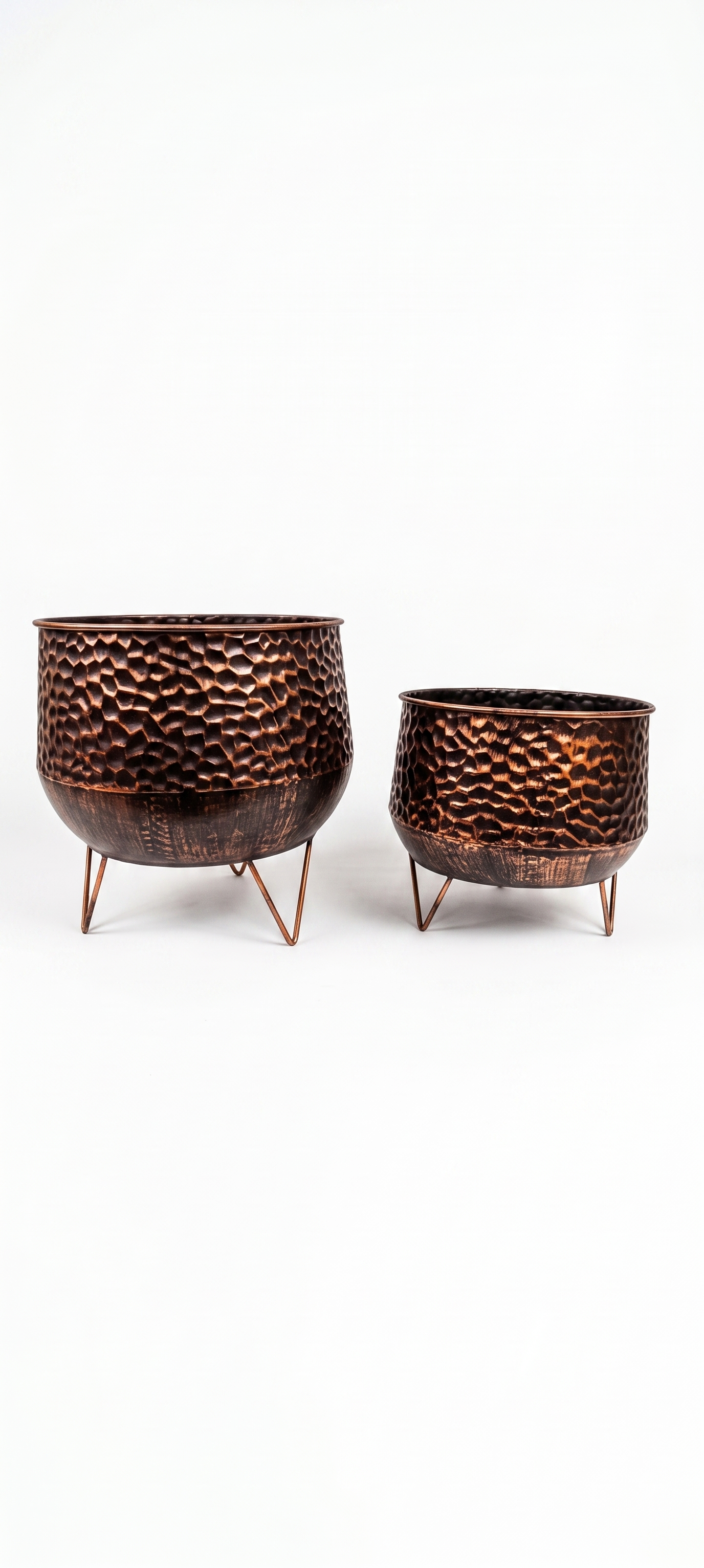 Premium Set of 2 Copper Finish Decorative Metal Planters with Stand – Hammered Design