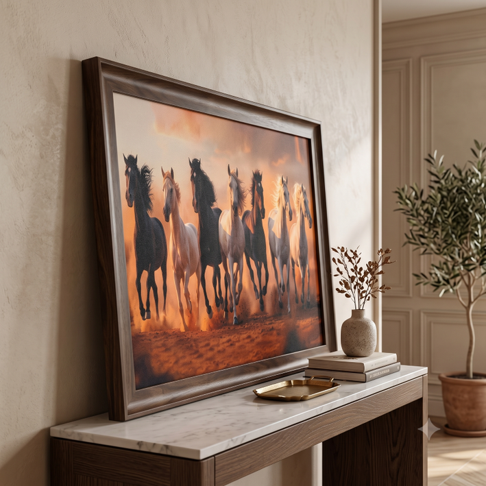Anupam Premium Seven Running Horses Framed Wall Painting, Wall Photo Frame – 18 x 26 Inch Premium Home Decor Artwork