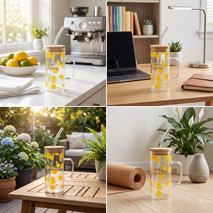 Premium Aesthetic "Good Morning" Daisy Printed Glass Tumbler with Bamboo Lid & Straw - Iced Coffee Mug
